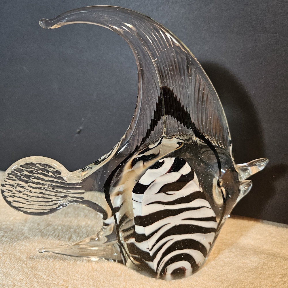 Vintage Murano Large Italian Hand Blown Glass Zebra Striped Fish Paperweight